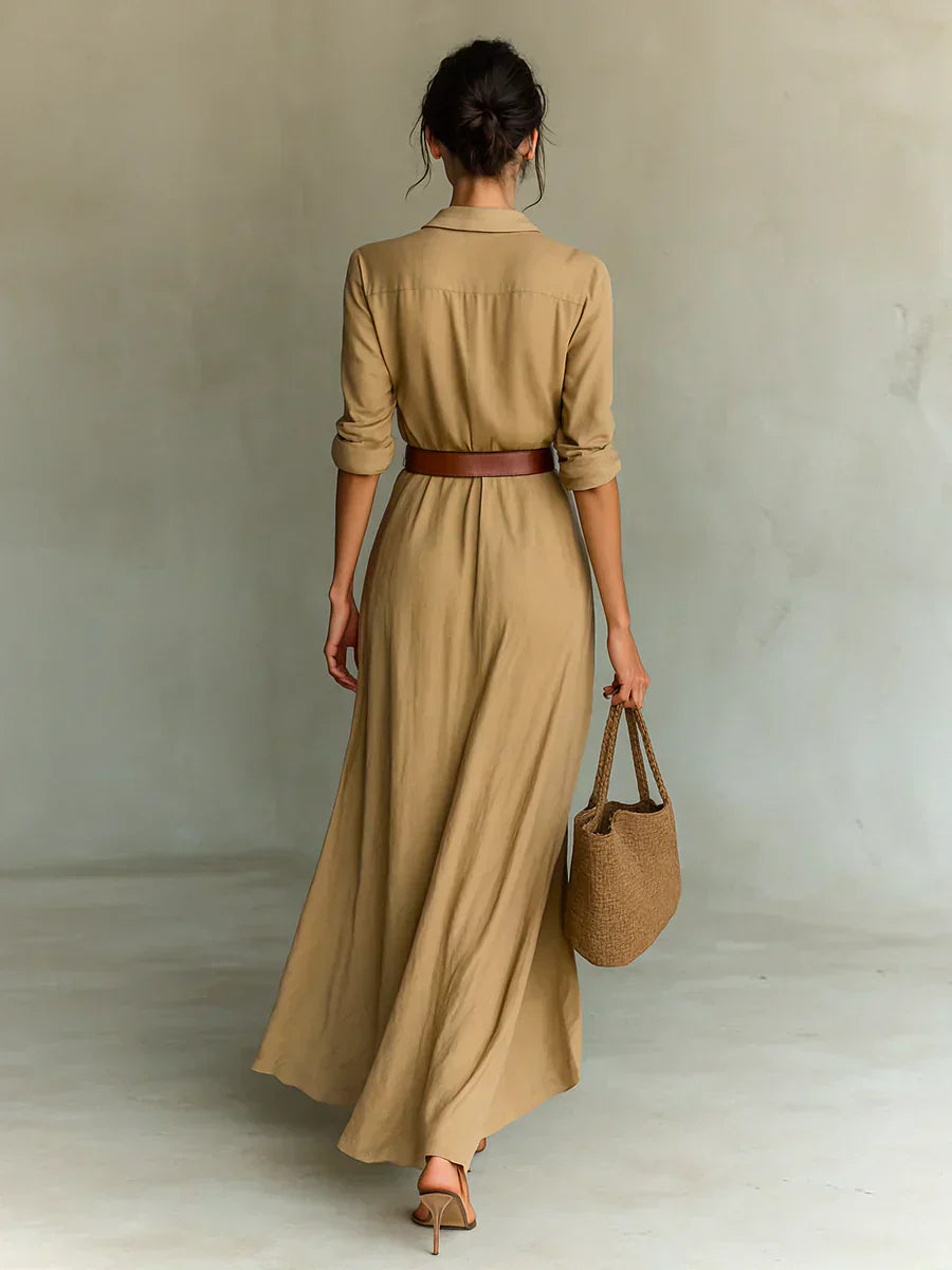 Estrella | Maxi Vestido con Solapa y Cinturón en la Cintura