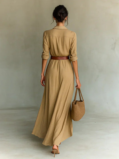 Estrella | Maxi Vestido con Solapa y Cinturón en la Cintura
