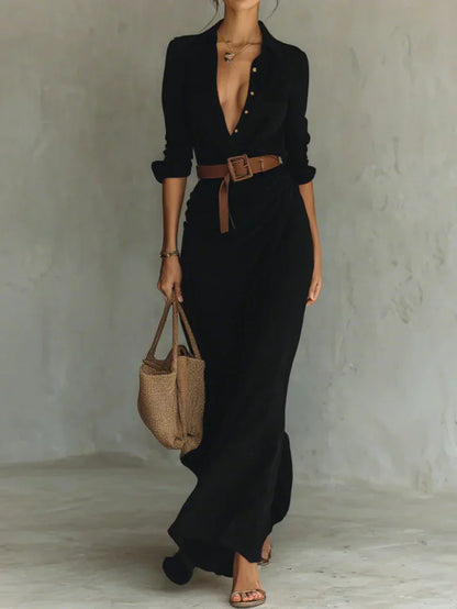 Estrella | Maxi Vestido con Solapa y Cinturón en la Cintura