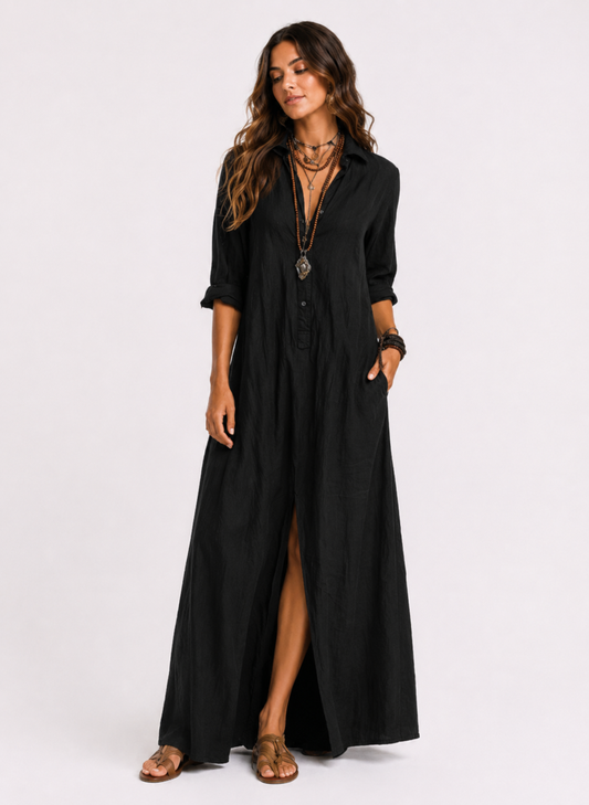 Sonia | Vestido Maxi Negro Largo con Botones