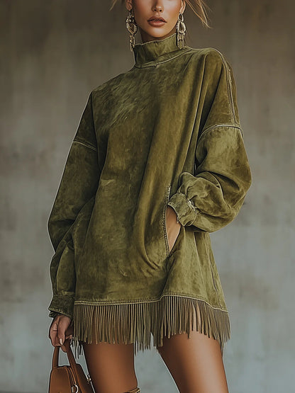 Gabriela | Vestido de ante con cuello alto y flecos