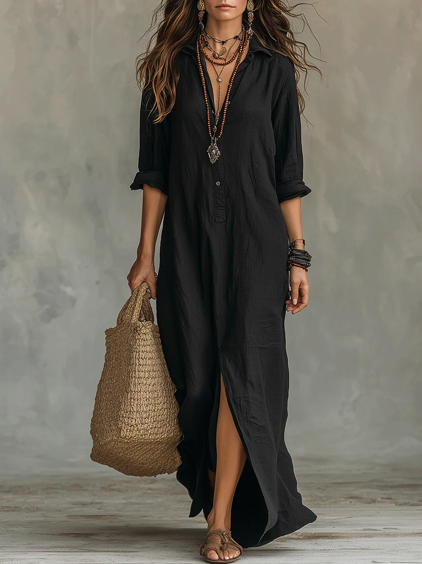 Sonia | Vestido Maxi Negro Largo con Botones