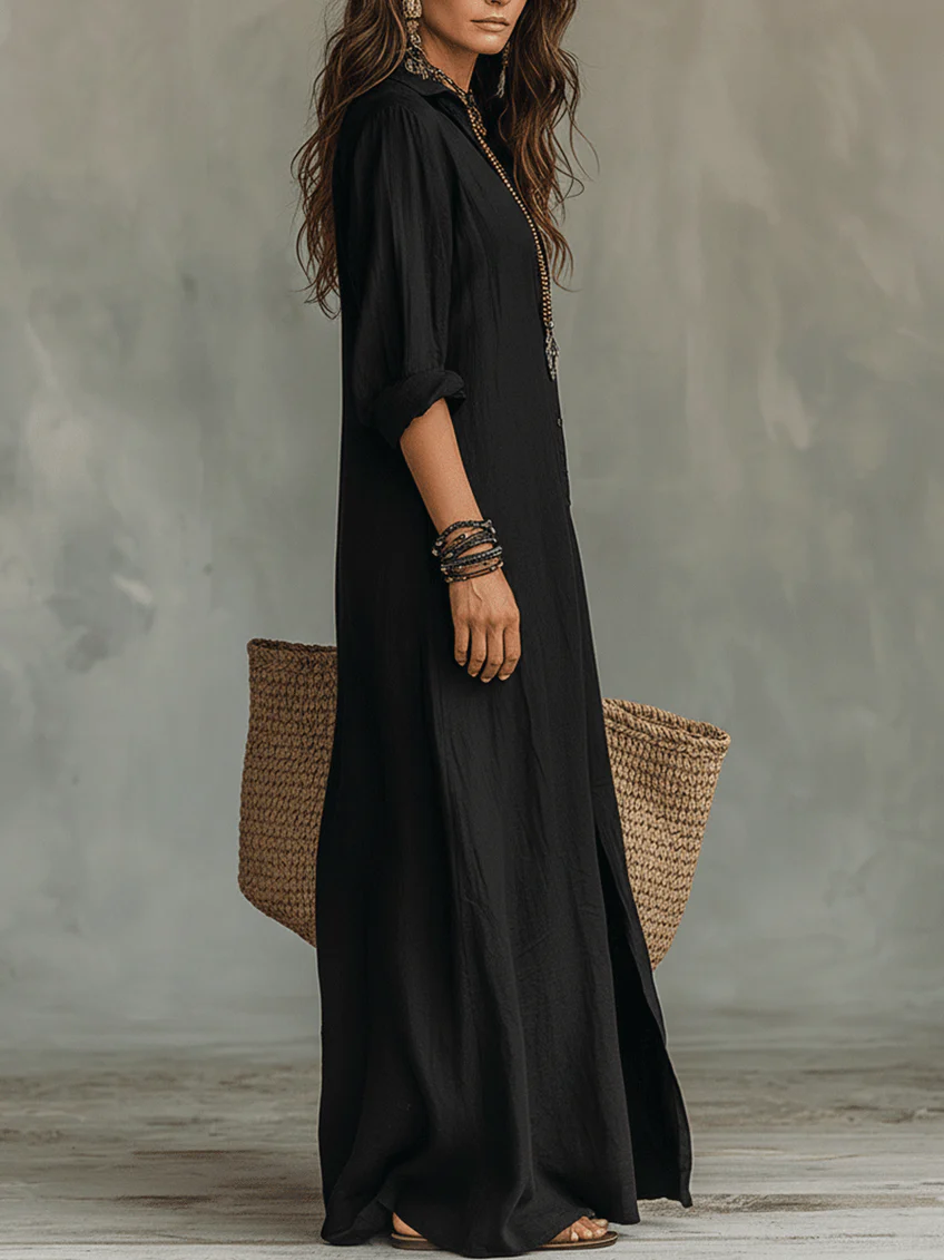 Sonia | Vestido Maxi Negro Largo con Botones