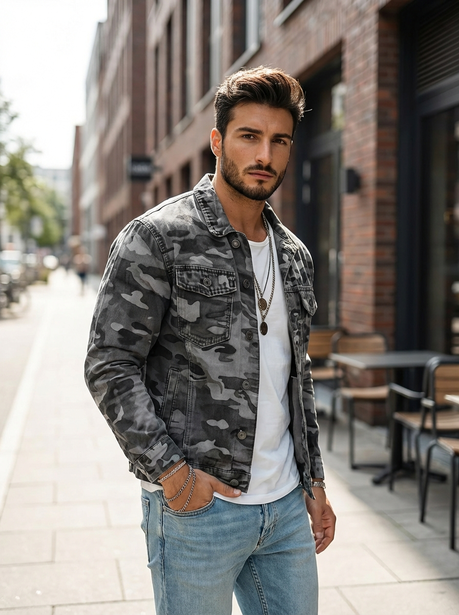 Pedro - Chaqueta con cuello y estampado de camuflaje