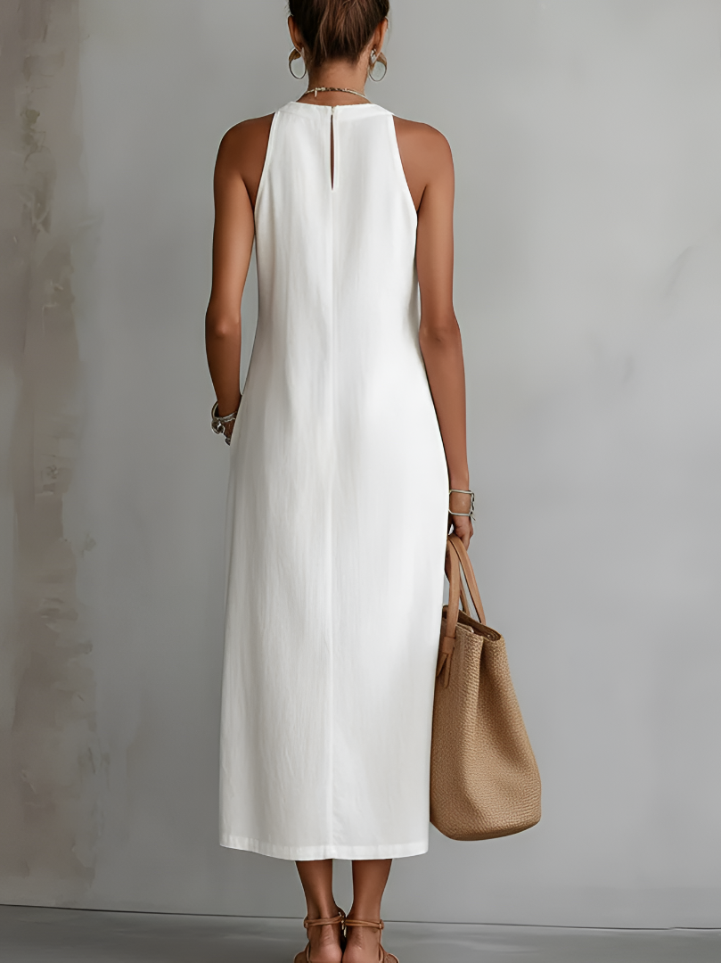Jimena | Vestido Midi de Lino con Cuello Mao
