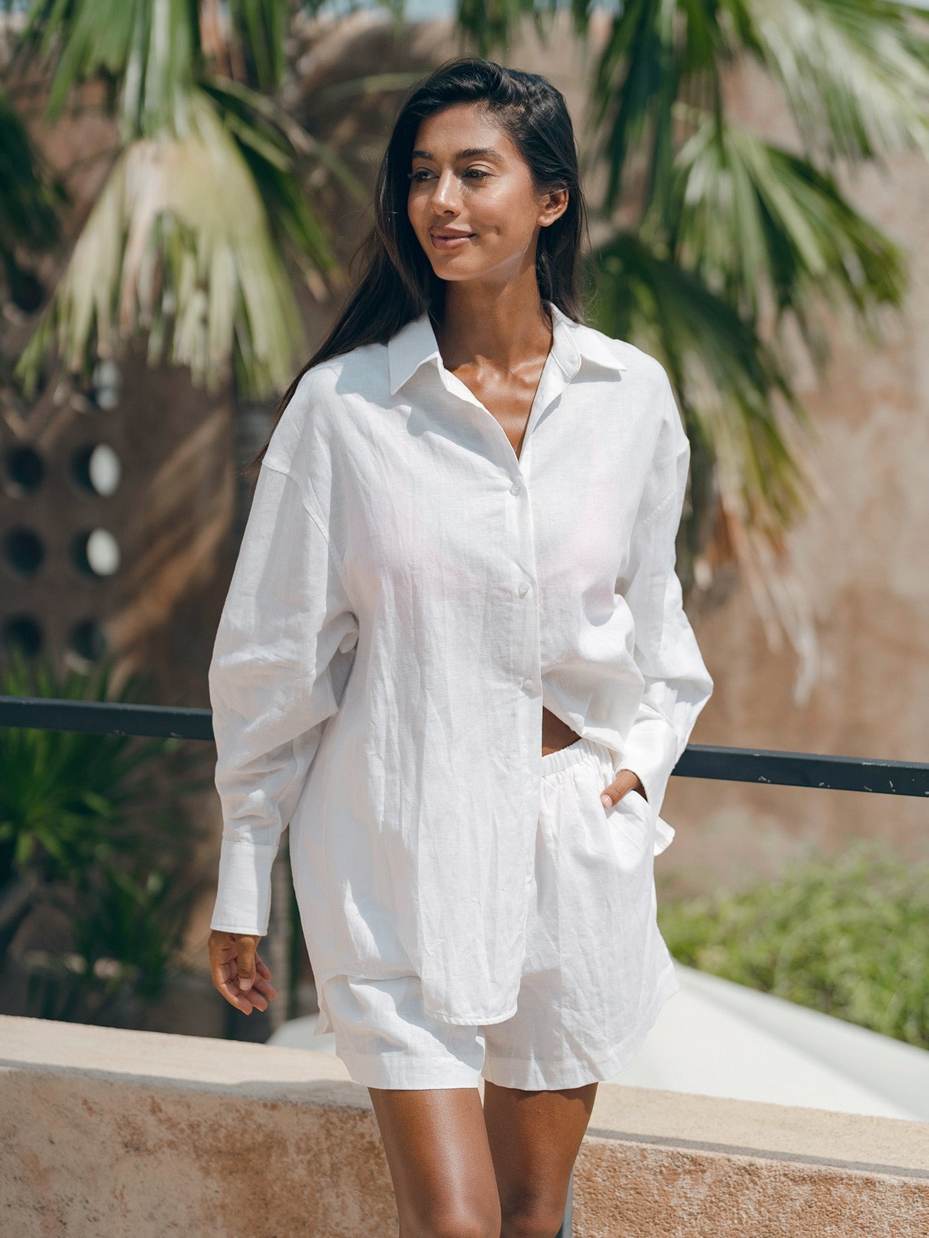 Camisa Cubierta de Algodón-Lino Blanca
