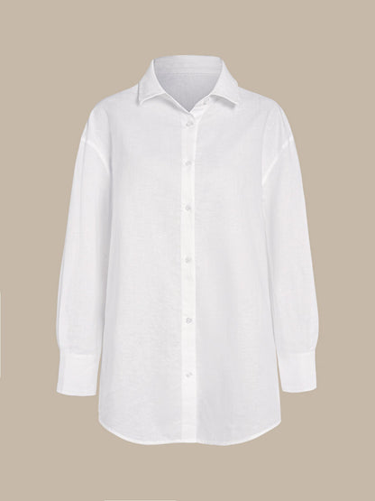 Camisa Cubierta de Algodón-Lino Blanca