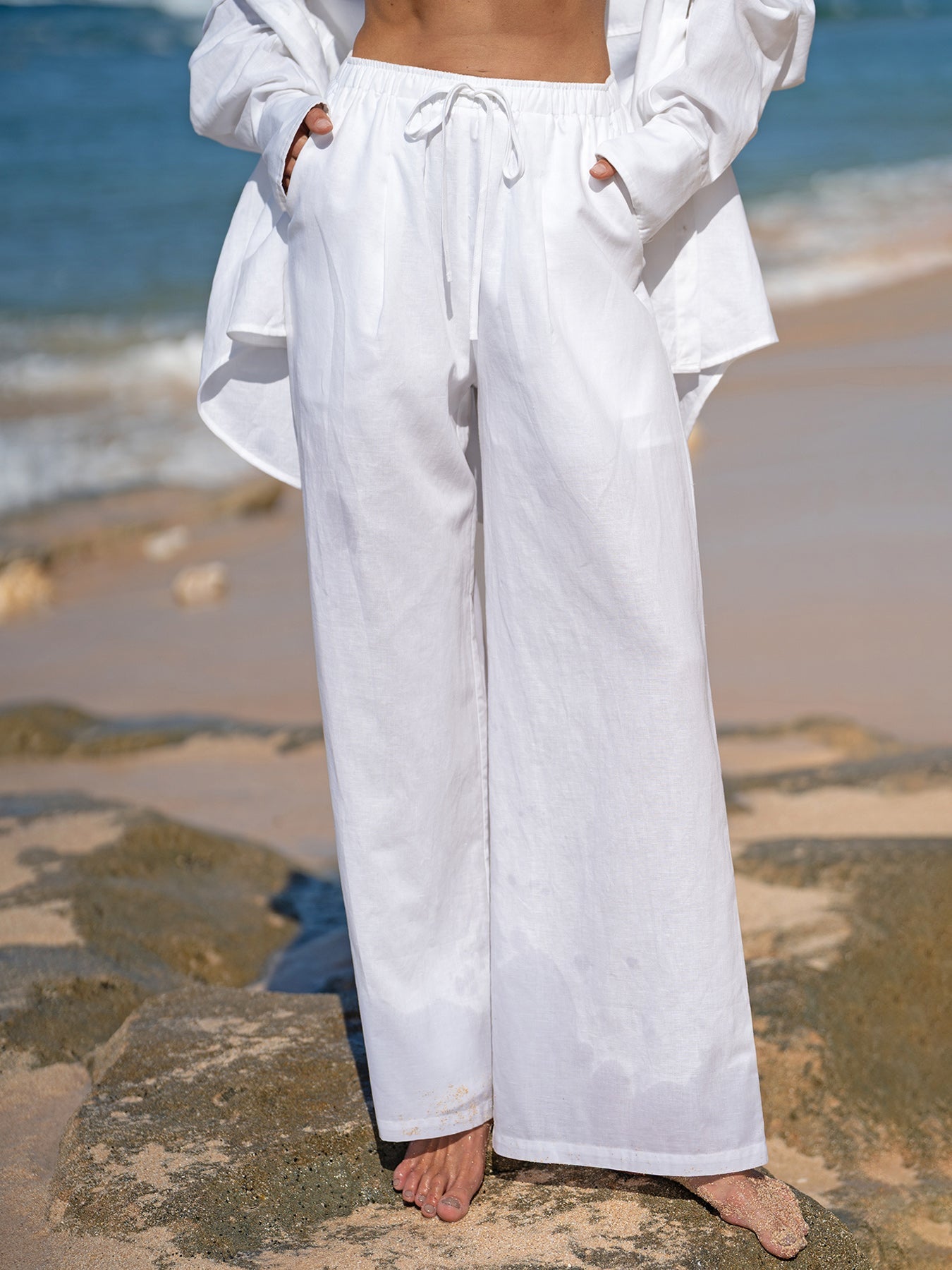 Pantalones Anchos de Algodón-Lino Blancos