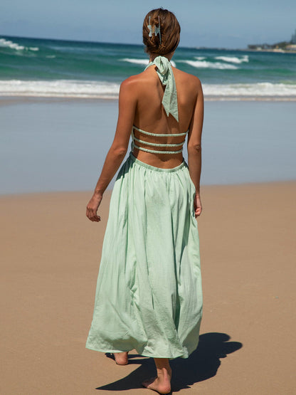 Vestido de Playa Maxi Halter Cortado Verde Claro
