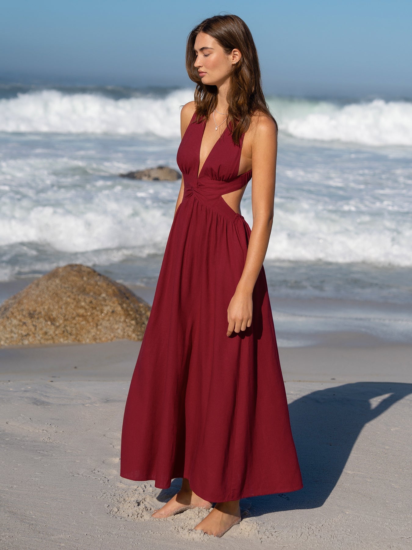 Vestido de Playa Plisado Vino Rojo