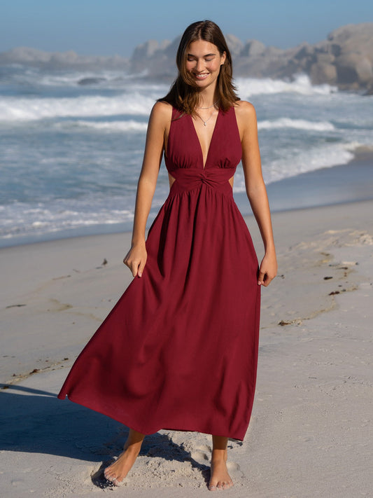 Vestido de Playa Plisado Vino Rojo