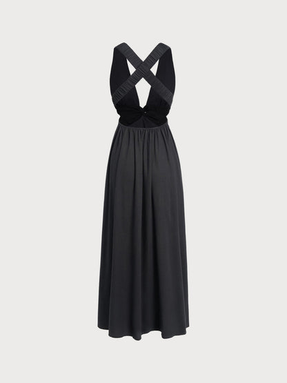 Vestido de Playa Plisado Negro con Escote en V