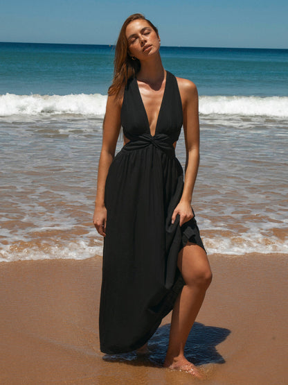 Vestido de Playa Plisado Negro con Escote en V