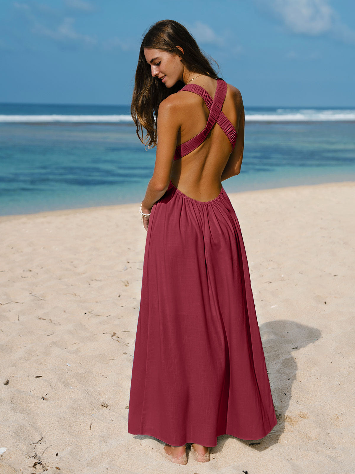 Vestido de Playa Plisado Vino Rojo