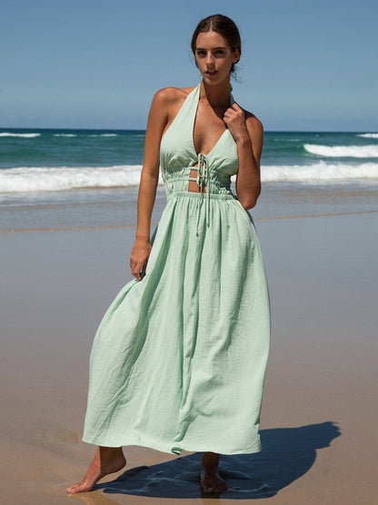 Vestido de Playa Maxi Halter Cortado Verde Claro