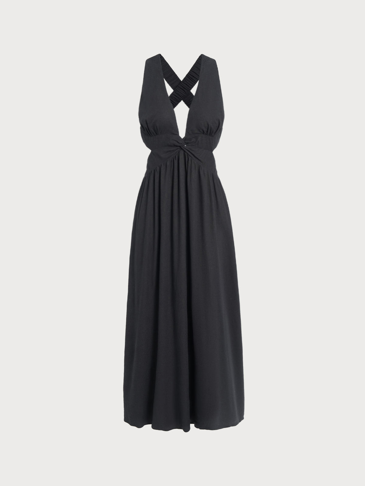 Vestido de Playa Plisado Negro con Escote en V