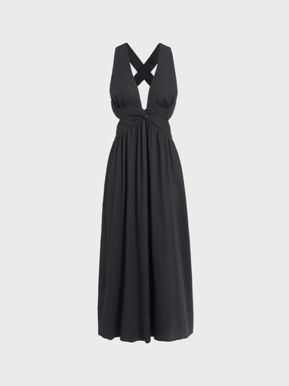 Vestido de Playa Plisado Negro con Escote en V